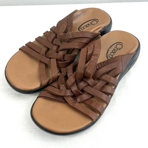 Chaco Brown Strappy Leather Weave Sandals Slip On Size 8 Made Portugal - Picture 1 of 8